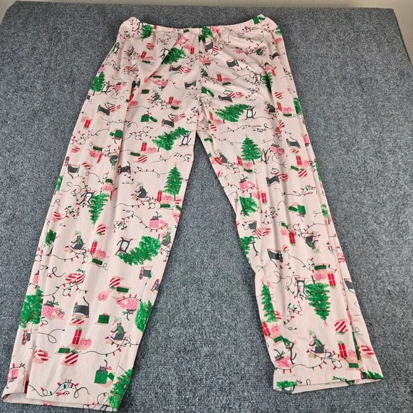 HUE Pink Christmas Cat Pajama Pants Womens 2X Holiday Lounge Sleepwear Wide Leg - Picture 1 of 5
